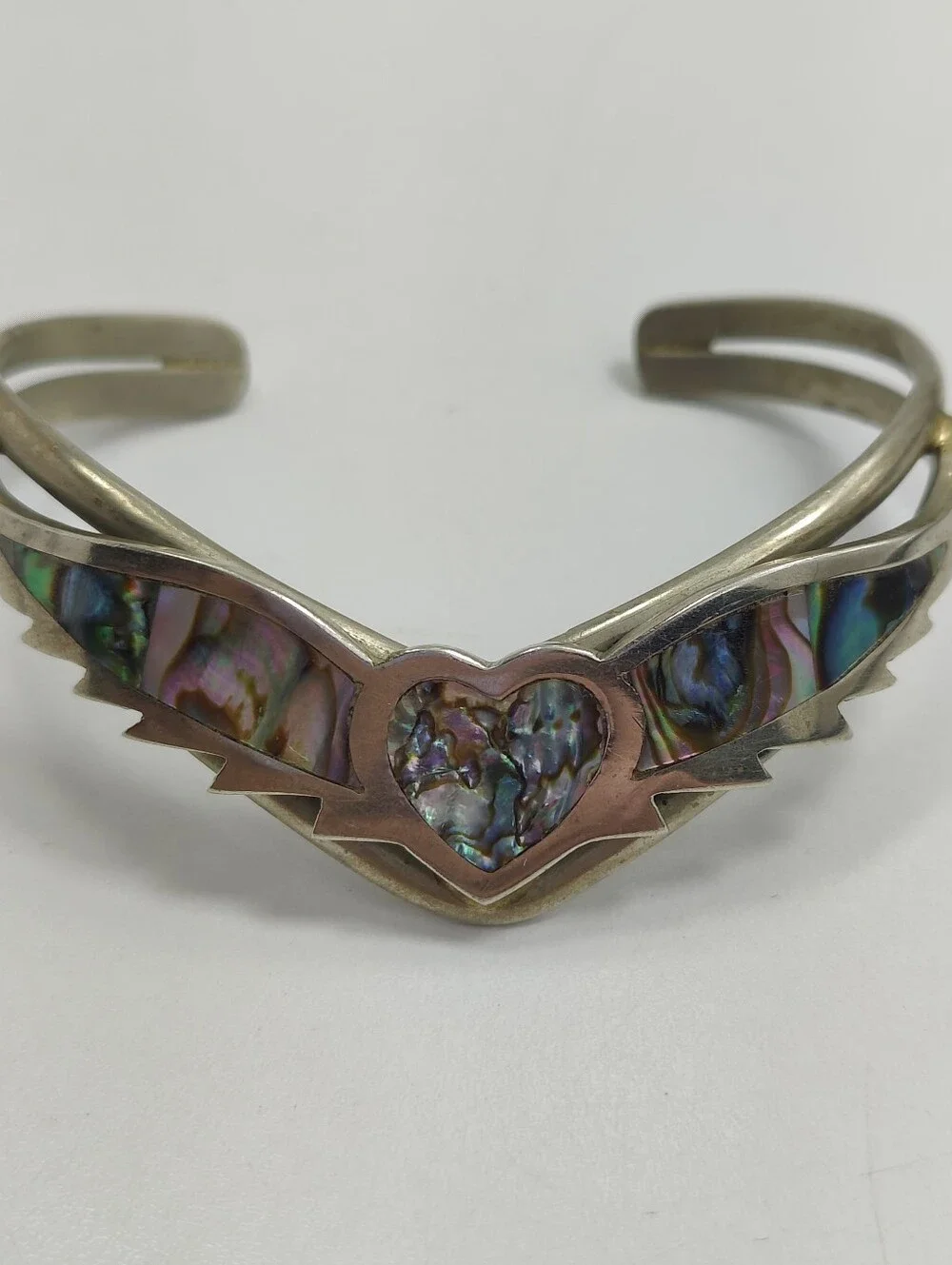 Vintage Mexico Abalone Shell Heart Wing Cuff Bracelet Alpaca Silver Tone